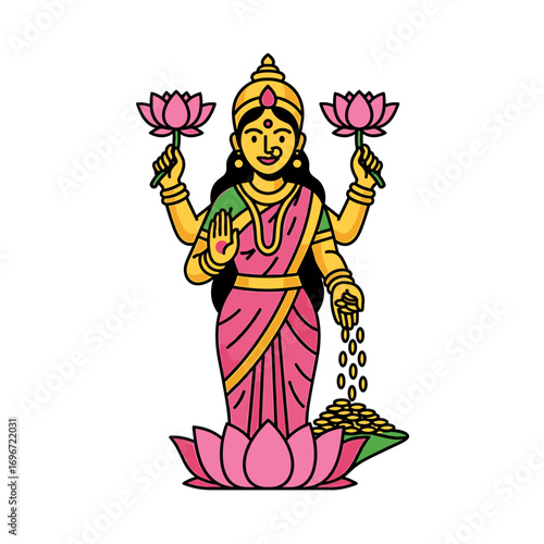Goddess Lakshmi, Hindu deity, bestowing prosperity, lotus flowers, gold coins.