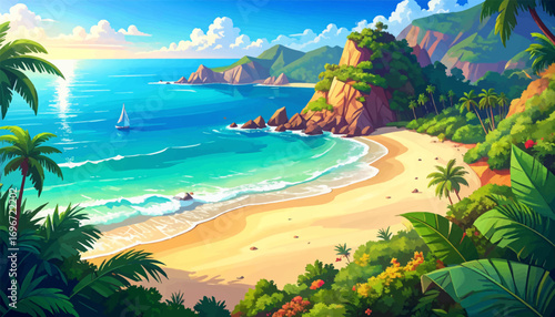 Idyllic coastline with rocky formations. Beautiful beach view with tropical trees. Calm ocean waves on a sandy shore. Sunlit tropical beach with lush greens. Secluded coastline with bright sunlight
