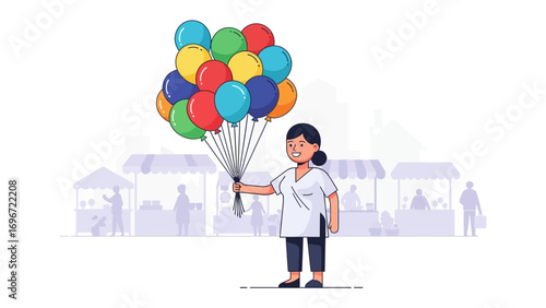 Cheerful Balloons: A vendor joyfully offers a vibrant array of colorful balloons. perfect to capture a moment of simple, fun and whimsical feeling.