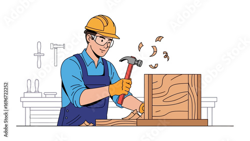 Carpenter at Work: A skilled carpenter, clad in protective gear, expertly hammers a nail into a wooden structure, embodying the art of craftsmanship and precision