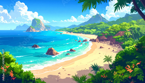Beautiful beach with tropical trees. Bright beach with calm waves and sand. Peaceful tropical beach with lush flora. Clear beach view with vibrant green coast. Quiet tropical shore with serene ocean
