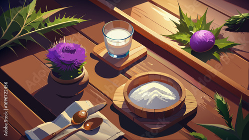 Aromatic spa still life with candles, oil bottles, and a white flower on a table