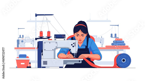 Tailor at Work: A skilled tailor is meticulously working with a sewing machine, engrossed in the art of creation, surrounded by tools of the trade.