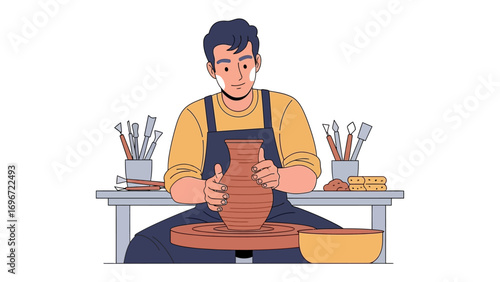 Potter crafting vase on the potter's wheel: a professional potter is focused on the artistic craft, carefully shaping a vase on the spinning wheel in a focused art space