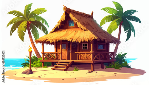 Tropical beach hut with palm trees. Seaside hut under clear sky. Relaxing beach cottage by ocean. Beachside cabin with palm trees. Island hut with scenic view. Seaside wooden hut at sunrise