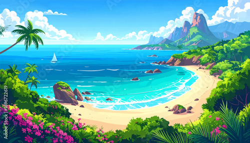Coastal view with lush vegetation, sea. Pristine beach, clear turquoise water. Mountainous coastline with sandy beach. Remote beach with stunning tropical flora. Calm tropical shore with azure ocean