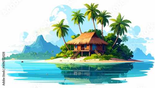 Tropical island with a palm hut. Cozy beach house on a serene island. Remote island retreat with palm trees. Peaceful island escape with hut and palms. Tranquil beach house on tropical island