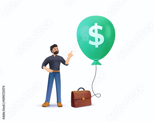 Investment bubble causing financial crisis, 3D render vector illustration. Overvalued stock market or money inflation concept, businessman investor pumping air into big floating balloon with US Dollar