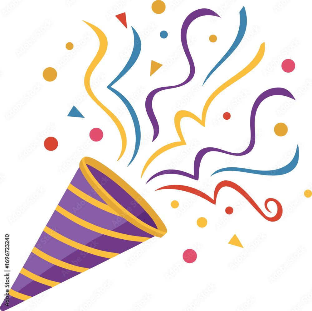 Fototapeta premium Colorful Party Popper Graphic Celebration Icon with Confetti and Ribbons