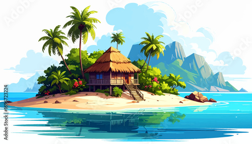 Tropical island with hut and palm trees. Peaceful island retreat in the tropics. Beautiful tropical island with water villa. Island with beach hut, clear waters. Scenic island getaway, tropical vibes