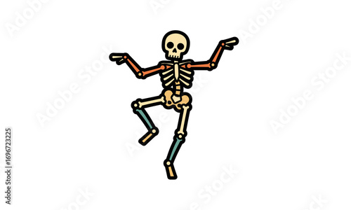 Stylized dancing skeleton character with beige bones, black outlines, and reddish-brown joint accents.