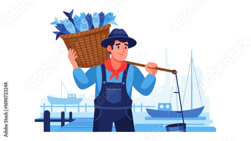 The Fisherman's Bounty: A fisher carries a basket filled with the day's catch, a vibrant depiction of labor and the ocean's offerings.
