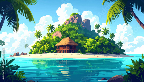 Calm tropical island with palm trees. Island with hut surrounded by nature. Tropical island paradise with beach house. Stunning island hideaway with crystal waters. Tranquil island with tropical cabin