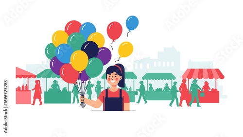 Cheerful Market Delight: A vibrant scene unfolds at an outdoor market, where a smiling vendor holds aloft a colorful bouquet of balloons, radiating joy and festivity among the bustling crowd.