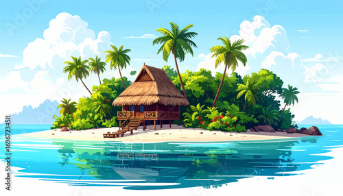 Serene island with a cozy beach hut. Tropical island with hut in clear waters. Secluded island paradise with a house. Peaceful beach island retreat with hut. Tropical beach hut on a small island