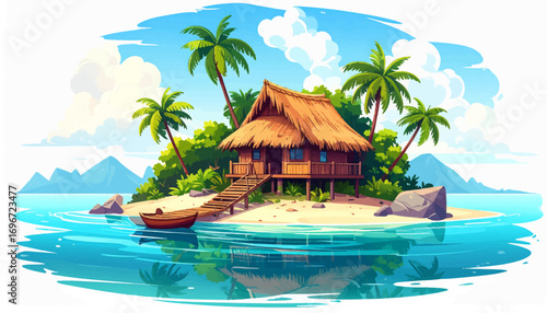 Calm tropical island in blue ocean. Island oasis with beautiful hut, palm. Isolated island getaway with wooden hut. Scenic tropical island surrounded by sea. Calm beach island with tropical vegetation