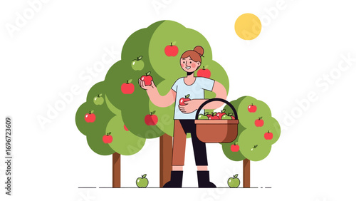 Apple harvest: A young woman gathers ripe apples from a tree under the warm sun, capturing the essence of autumn harvest, nature's bounty, and the joys of rural life.