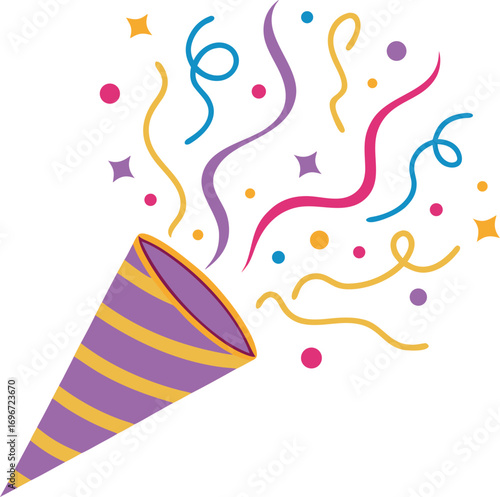 Colorful Party Popper Graphic Celebration Icon with Confetti and Ribbons
