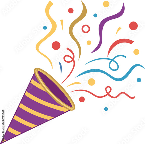 Colorful Party Popper Graphic Celebration Icon with Confetti and Ribbons