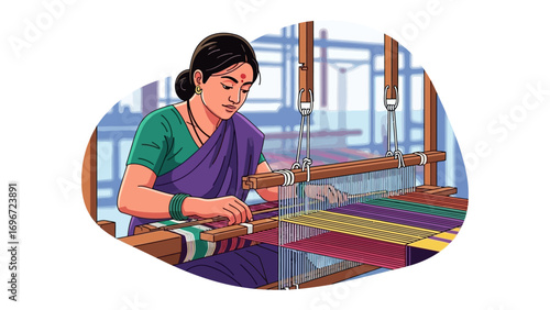 Artisan's Craft: An illustrated portrayal of an artisan diligently weaving vibrant textiles. The scene radiates a serene atmosphere, capturing the essence of heritage, skill.