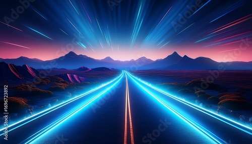 glowing blue road illuminated by neon lights stretches into distance surrounded by serene landscape vibrant colors create futuristic and captivating atmosphere