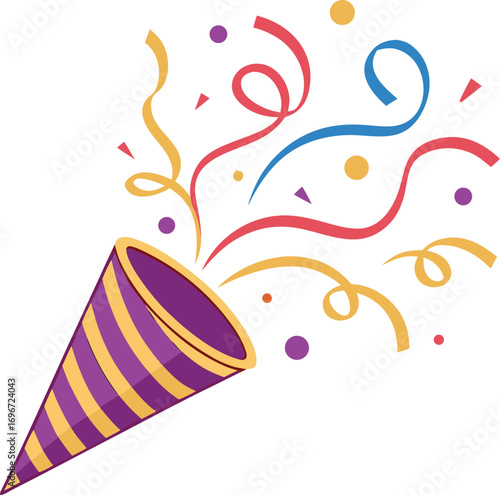 Colorful Party Popper Graphic Celebration Icon with Confetti and Ribbons