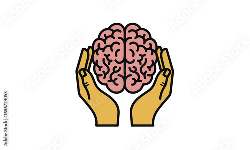 Stylized pink human brain cradled by two cupped hands, illustrating mental health, care, and cognitive well-being.