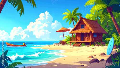 Vibrant beach hut with clear skies. Beautiful beachside cabin with waves. Sandy tropical beach hut, sunny day. Peaceful beach house, clear blue skies. Tropical retreat, hut, and calm sea