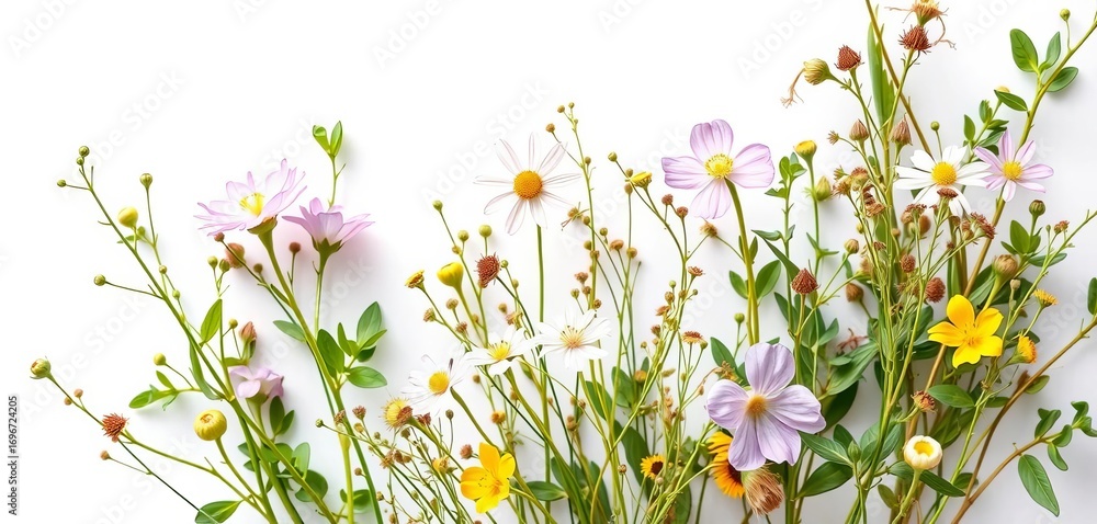 Fototapeta premium Delicate wildflowers, lush greenery, and elegant sprigs, isolated on pure white , petal, sprigs