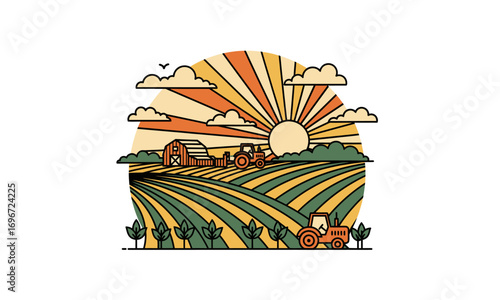Vector Illustration of a Farm Scene with Tractor, Fields, and Sun.