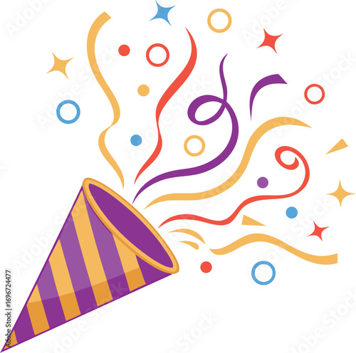 Colorful Party Popper Graphic Celebration Icon with Confetti and Ribbons
