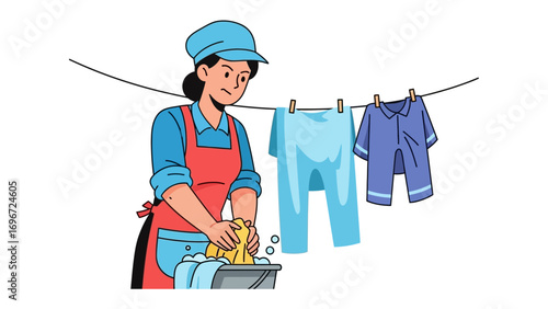 Laundry Day in the Sun: A woman is working on laundry on a sunny day. Her meticulous approach evokes the charm of simpler times.