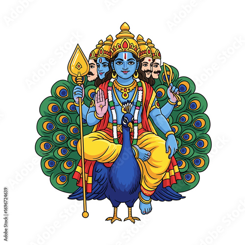 Illustration of the Hindu god Kartikeya seated on a peacock, holding a spear, with multiple heads and arms.