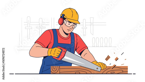 Master Carpenter: A skilled carpenter focused on crafting a wooden plank with a handsaw, safety goggles and hardhat. Evoking precision, craftsmanship and dedication to their trade.