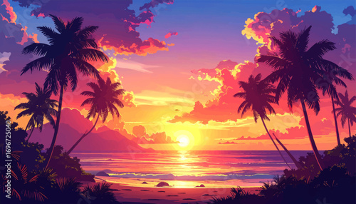 Sunset on an island with palm trees. Tropical beach with colorful sky. Sunset glow over a tropical beach. Nature's beauty at sunset. Peaceful tropical evening. Tropical paradise at sunset