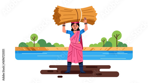 Resilient Figure: A woman carries a bundle of harvested crop balanced effortlessly on her head, set against the backdrop of a serene river and lush greenery, illustrating the strength and resilience.