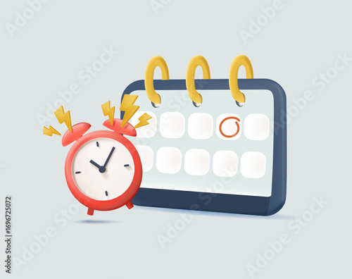 Time management 3D vector illustration. Deadline, time management with alarm clock and calendar. Reminders, scheduling