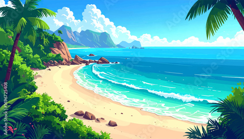 Serene tropical beach under blue sky. Mountainous coastal view with ocean. Beach waves and vibrant tropical nature. Tropical landscape with palm trees. Clear turquoise waters and sandy beach