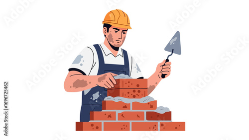 Construction Worker Crafting: A skilled worker meticulously places a brick with focused precision, embodying the dedication and craftsmanship inherent in the construction trade.