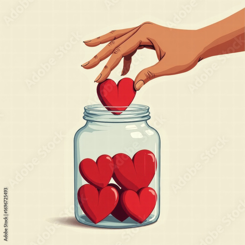 hand putting heart in jar. concept of donation, help, collection for charity