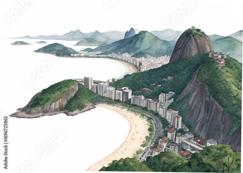 Watercolor painting of rio de janeiro coastline with sugarloaf mountain isolated on transparent background