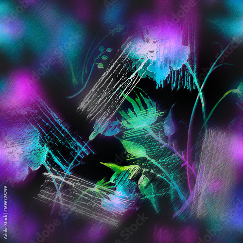 Watercolor bouquet of flowers, Beautiful abstract splash of paint, fashion illustration.Orchid flowers, poppy, cornflower,pansies, viola, field or garden flowers. seamless watercolor floral background