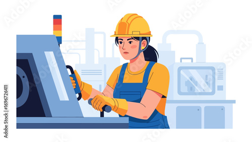 Factory worker with machines: A female factory worker, diligently operating machinery, highlighting industry and skill with hard hat, in a clean factory environment.