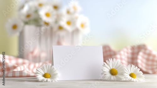 Blank card with chamomile flowers – romantic floral background concept