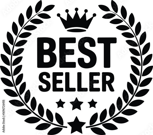 Black and white illustration of a best seller badge with laurel wreath and crown