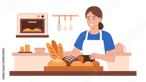 Bakery's Artisan: A skilled baker, adorned in a pristine apron, presents a delectable array of freshly baked bread, showcasing the art of culinary delight and craftsmanship in a brightly lit.