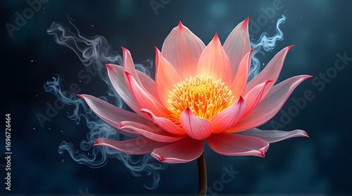 Close up of a pink lotus flower with smoke on a dark background