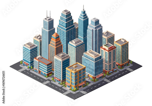 Isometric 3D illustration of a modern city downtown with skyscrapers, office buildings, streets, and cars, symbolizing urban life, business, architecture, and metropolitan development