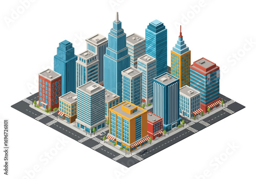 Isometric 3D illustration of a modern city downtown with skyscrapers, office buildings, streets, and cars, symbolizing urban life, business, architecture, and metropolitan development