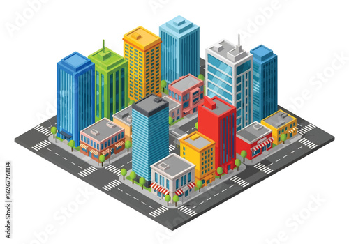 Isometric 3D illustration of a modern city downtown with skyscrapers, office buildings, streets, and cars, symbolizing urban life, business, architecture, and metropolitan development